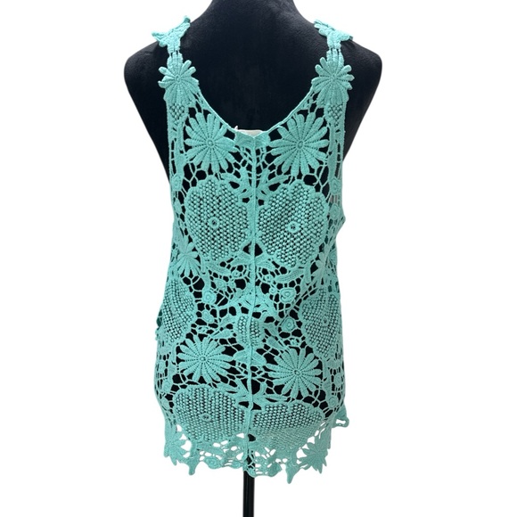 Breeze Ever Teal Floral Crochet Tank Top Boho Beach Cover Up Size M - Picture 3 of 5